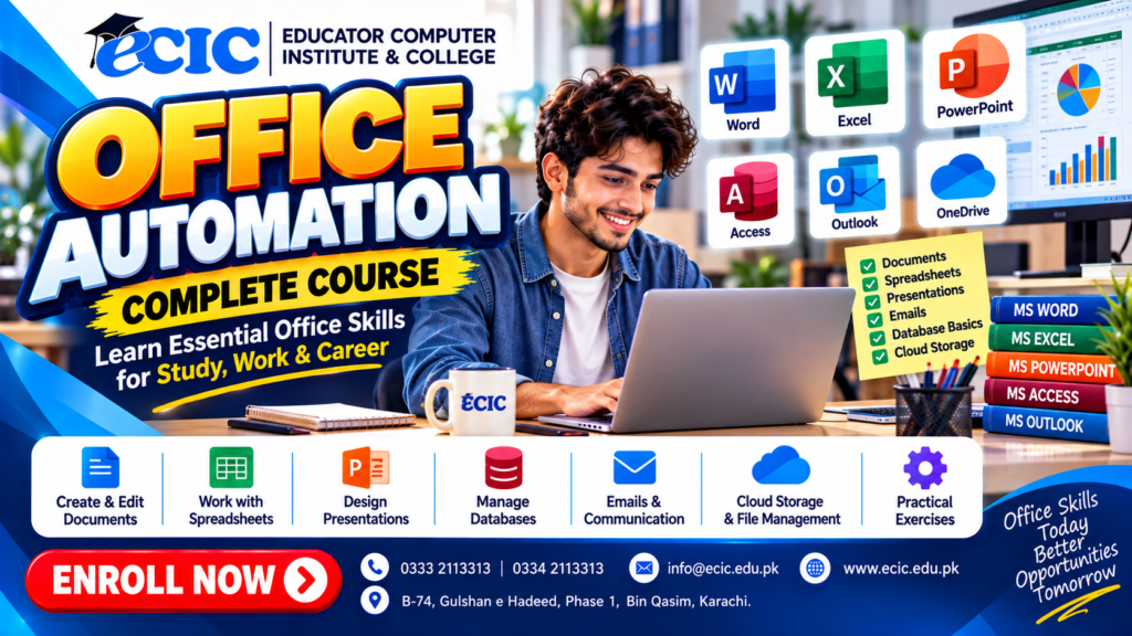 ECIC Office Automation course banner illustrating digital office skills and computer training