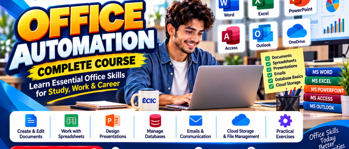 ECIC Office Automation course banner illustrating digital office skills and computer training